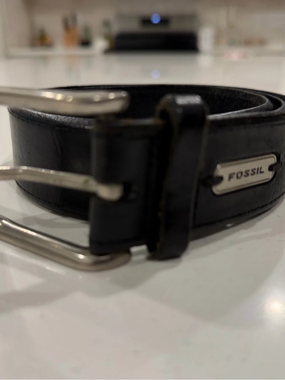 Fossil Black Leather Men's Belt with Silver-Tone Buckle